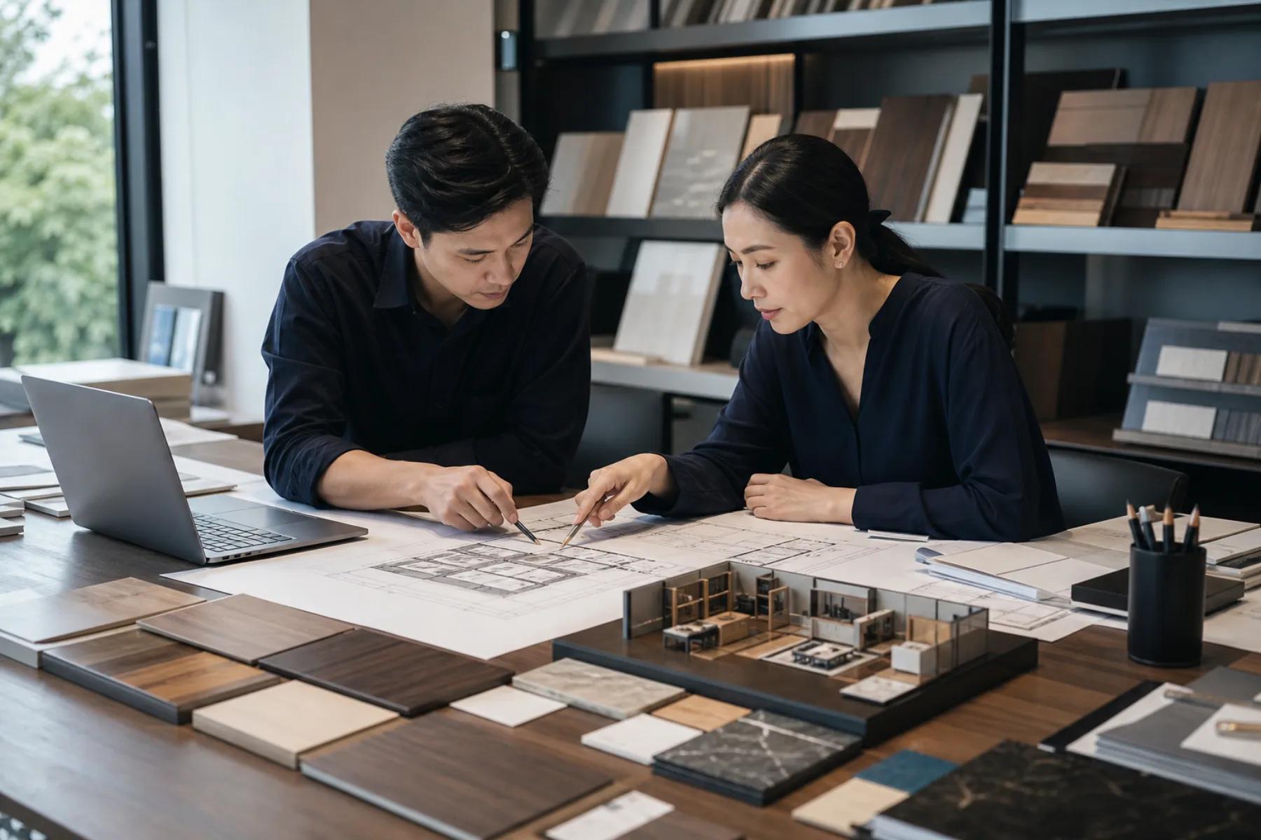 ทีมออกแบบตกแต่งภายในกำลังวางผังสำนักงานจากแบบและโมเดล