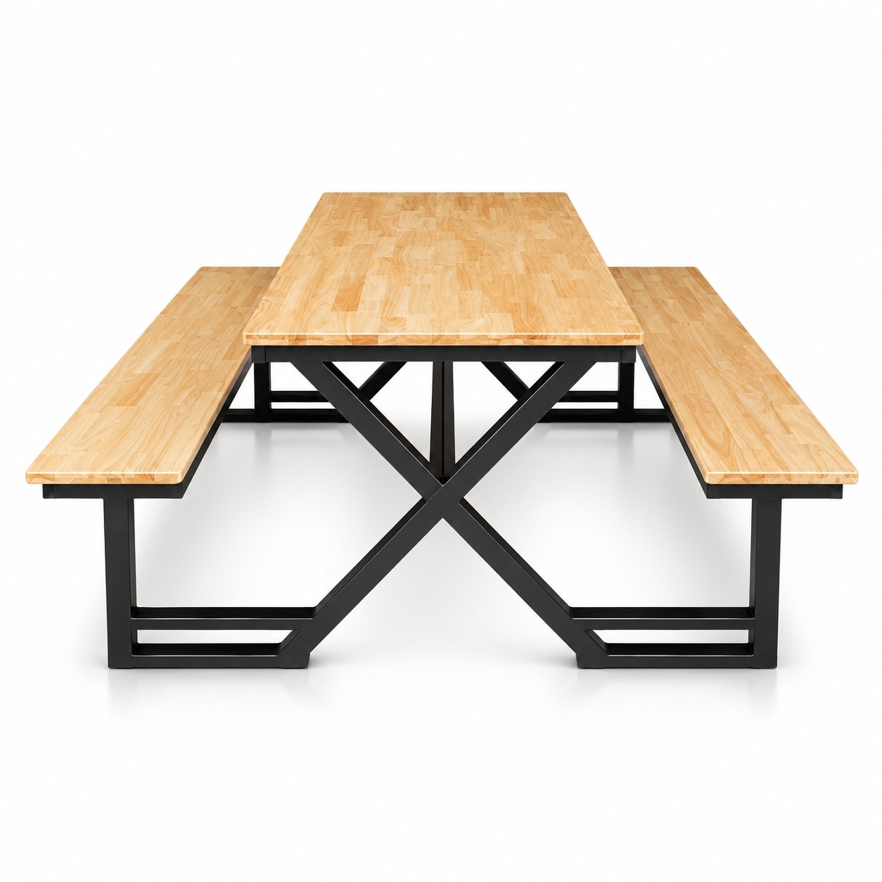 โต๊ะโรงอาหารขาไขว้ไม้ยางพาราประสาน ขาดำ X-Frame มุมมองหน้า